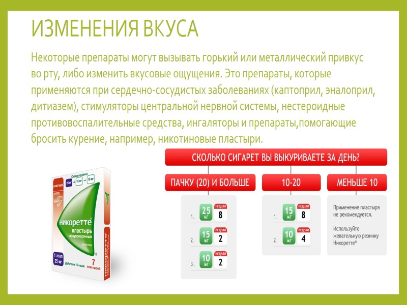 ИЗМЕНЕНИЯ ВКУСА  Некоторые препараты могут вызывать горький или металлический привкус во рту, либо